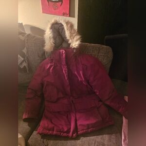 LL Bean Jacket Women Large Purple/Burg Parka Vintage Winter Coat Fur Down Warm